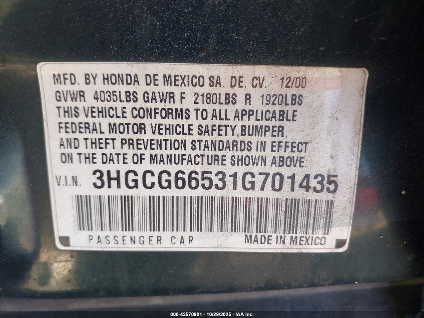 3HGCG66531G701435 2001 HONDA ACCORD photo no. 9