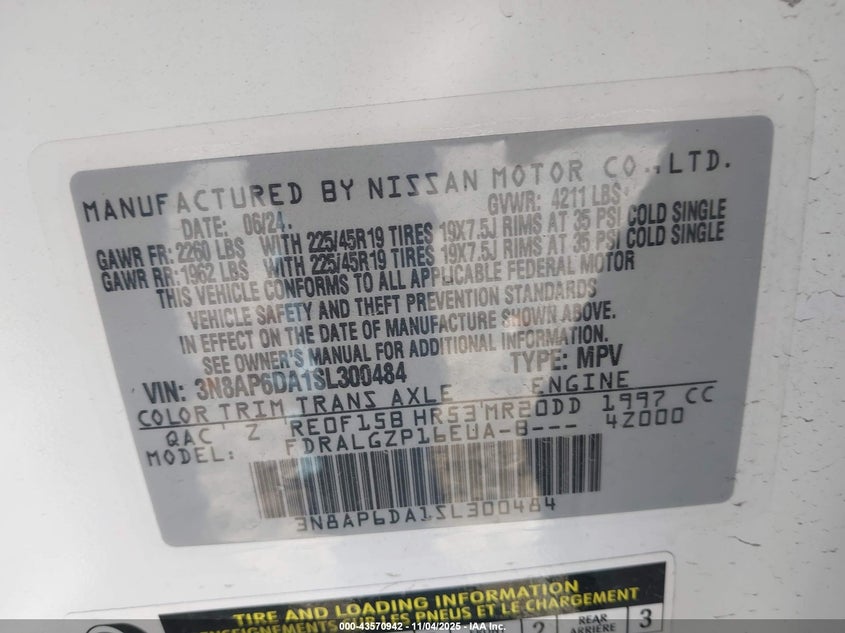 2025 NISSAN KICKS SR FWD 3N8AP6DA1SL300484