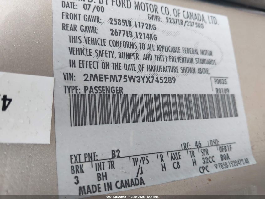 2000 Mercury Grand Marquis Ls VIN: 2MEFM75W3YX745289 Lot: 43570946