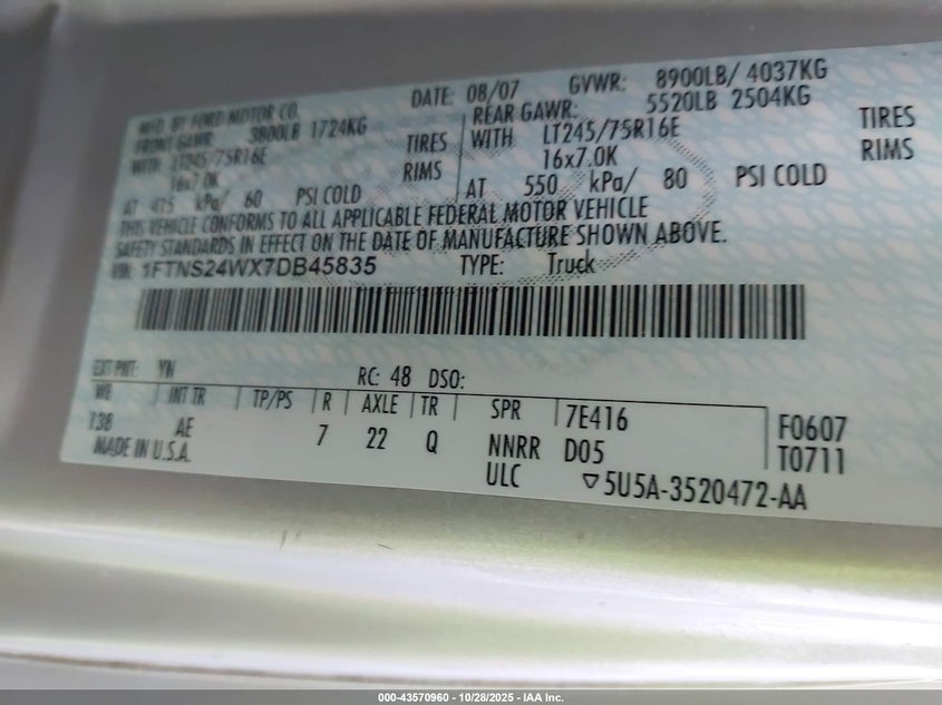 2007 Ford E-250 Commercial/Recreational VIN: 1FTNS24WX7DB45835 Lot: 43570960