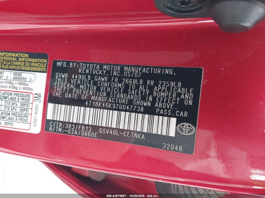 2007 Toyota Camry Le V6 VIN: 4T1BK46K97U047738 Lot: 43570997