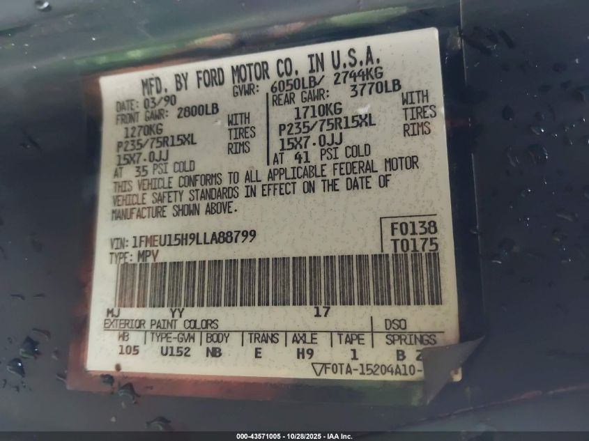 1990 Ford Bronco U100 VIN: 1FMEU15H9LLA88799 Lot: 43571005