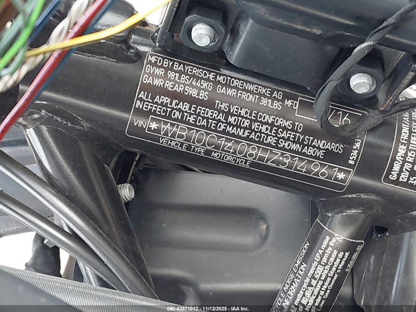 2017 BMW C650 Sport VIN: WB10C1408HZ314961 Lot: 43571012