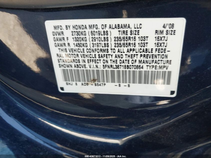 2008 Honda Odyssey Ex-L VIN: 5FNRL38718B070864 Lot: 43571013