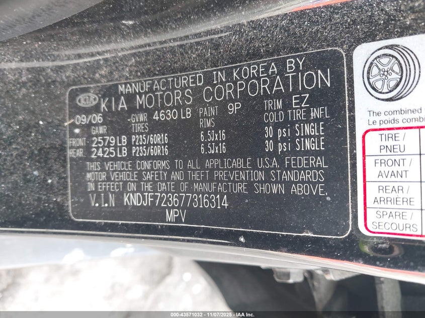 2007 Kia Sportage Ex V6 VIN: KNDJF723677316314 Lot: 43571032