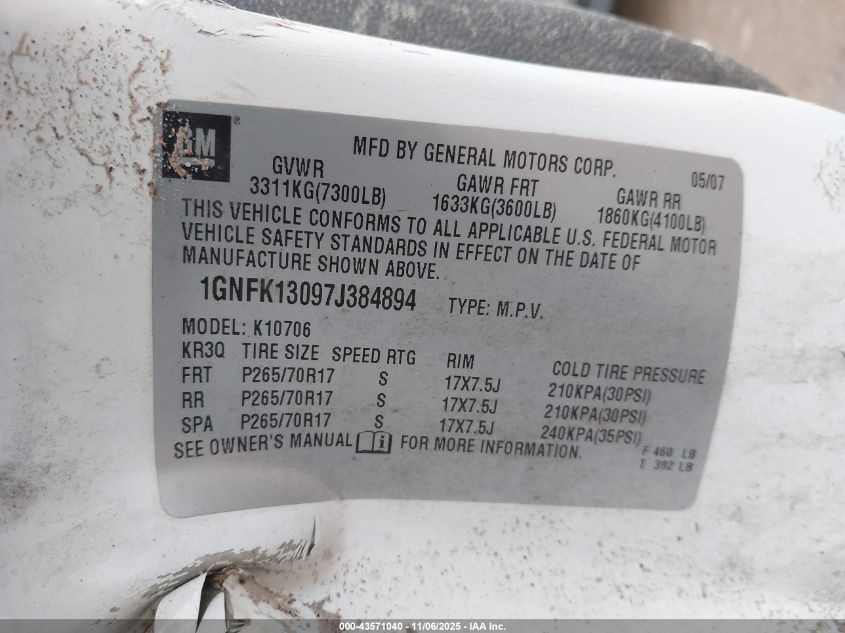 2007 Chevrolet Tahoe Lt VIN: 1GNFK13097J384894 Lot: 43571040
