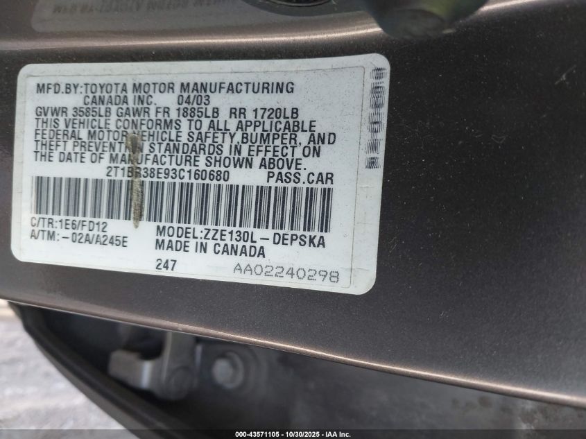 2003 Toyota Corolla S VIN: 2T1BR38E93C160680 Lot: 43571105