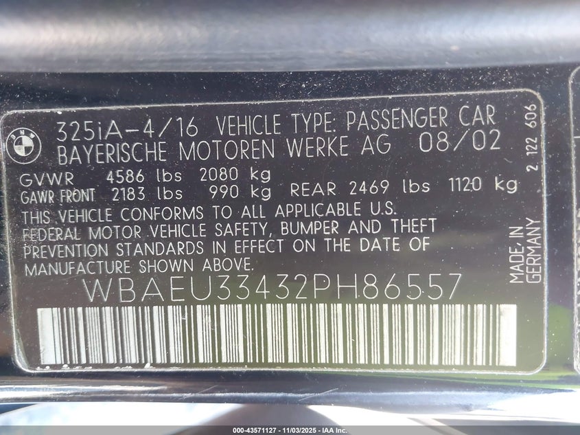 2002 BMW 325Xi VIN: WBAEU33432PH86557 Lot: 43571127