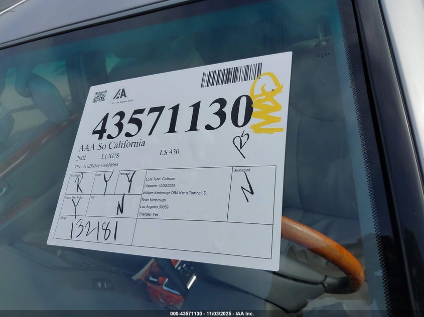2002 Lexus Ls 430 VIN: JTHBN30F520056968 Lot: 43571130