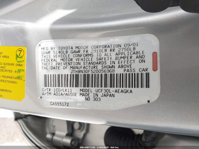 2002 Lexus Ls 430 VIN: JTHBN30F520056968 Lot: 43571130