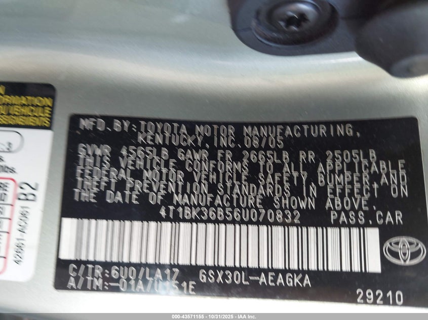 2006 Toyota Avalon Xls VIN: 4T1BK36B56U070832 Lot: 43571155