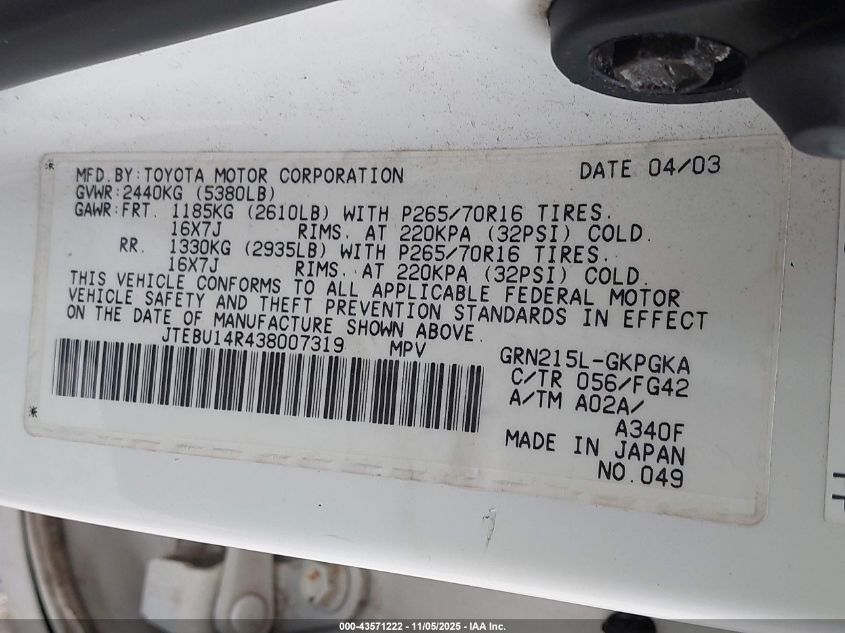 2003 Toyota 4Runner Sr5 V6 VIN: JTEBU14R438007319 Lot: 43571222