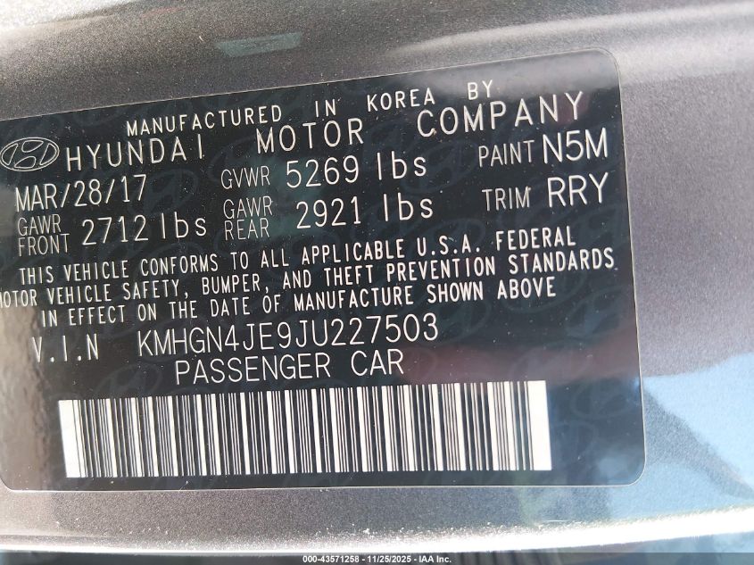 2018 Genesis G80 3.8 VIN: KMHGN4JE9JU227503 Lot: 43571258