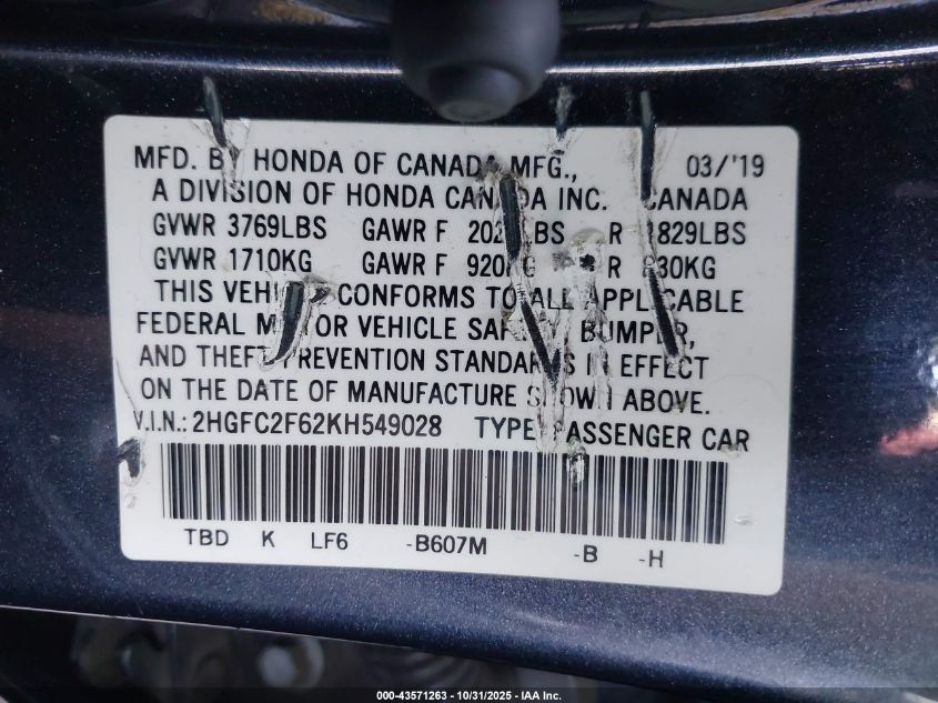 2019 Honda Civic Lx VIN: 2HGFC2F62KH549028 Lot: 43571263