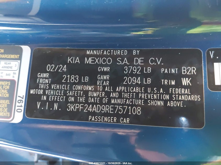 2024 Kia Forte Lxs VIN: 3KPF24AD9RE757108 Lot: 43571321