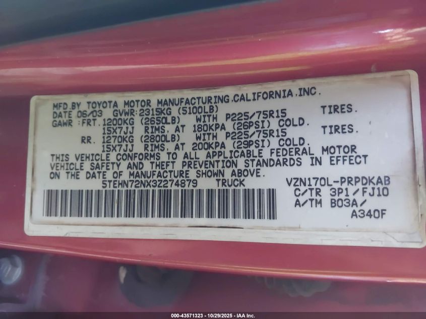 2003 Toyota Tacoma Base V6 VIN: 5TEHN72NX3Z274879 Lot: 43571323