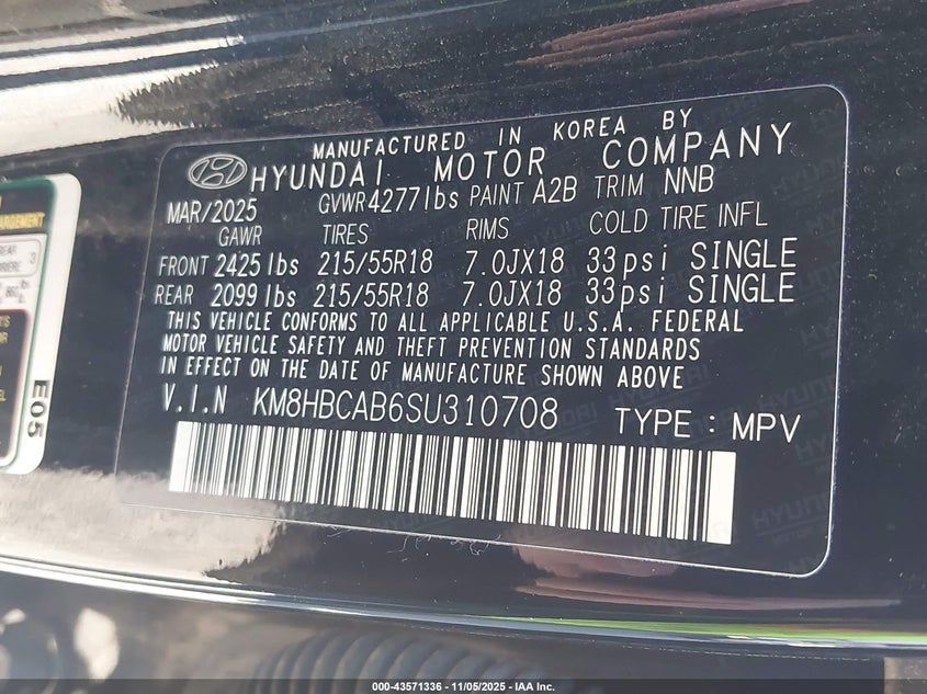 2025 HYUNDAI KONA SEL KM8HBCAB6SU310708