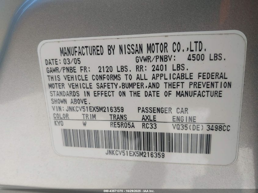 2005 Infiniti G35 VIN: JNKCV51EX5M216359 Lot: 43571370