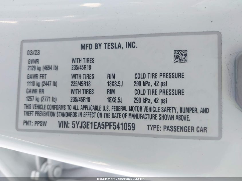 2023 Tesla Model 3 Rear-Wheel Drive VIN: 5YJ3E1EA5PF541059 Lot: 43571373