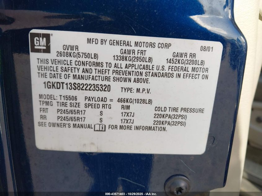 2002 GMC Envoy Slt VIN: 1GKDT13S822235320 Lot: 43571403