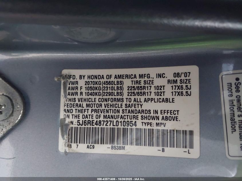 2007 Honda Cr-V Ex-L VIN: 5J6RE48727L010954 Lot: 43571406