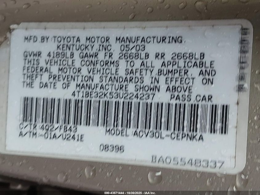 2003 Toyota Camry Le VIN: 4T1BE32K53U224237 Lot: 43571444