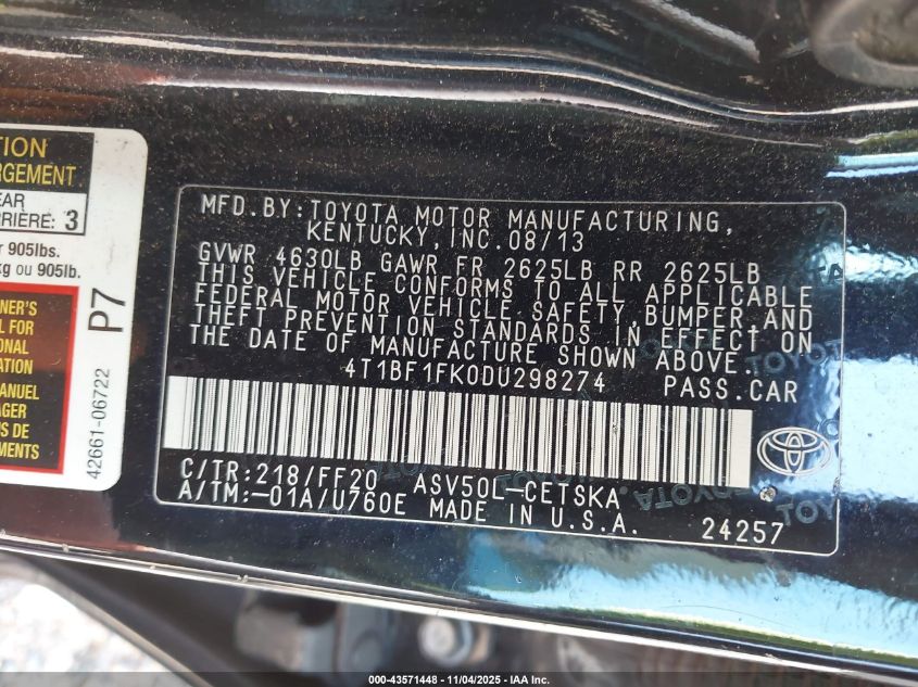 2013 Toyota Camry Se VIN: 4T1BF1FK0DU298274 Lot: 43571448