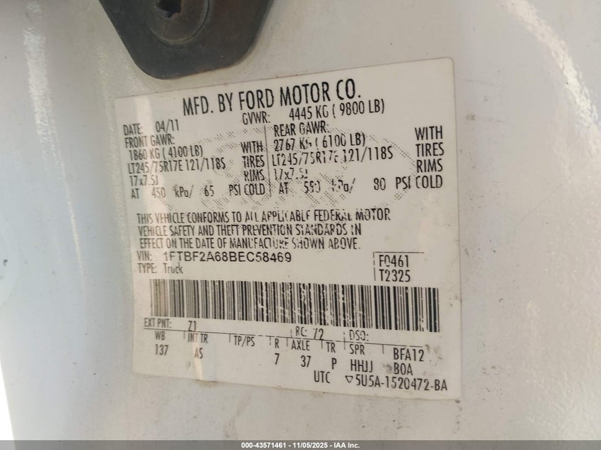 2011 Ford F-250 Xl VIN: 1FTBF2A68BEC58469 Lot: 43571461