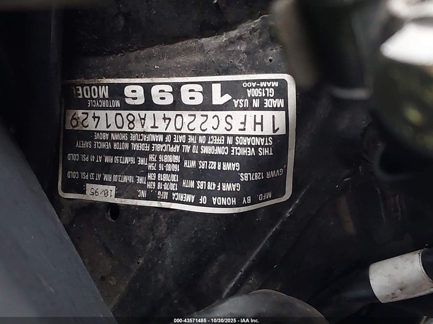 1996 Honda Gl1500 A/2 VIN: 1HFSC2204TA801429 Lot: 43571485