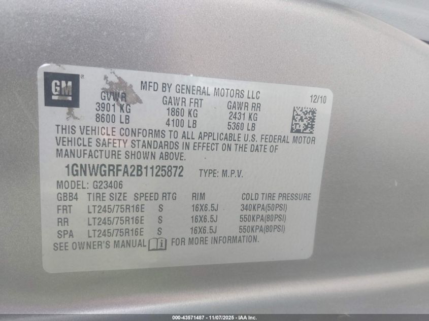 2011 Chevrolet Express 2500 Lt VIN: 1GNWGRFA2B1125872 Lot: 43571487