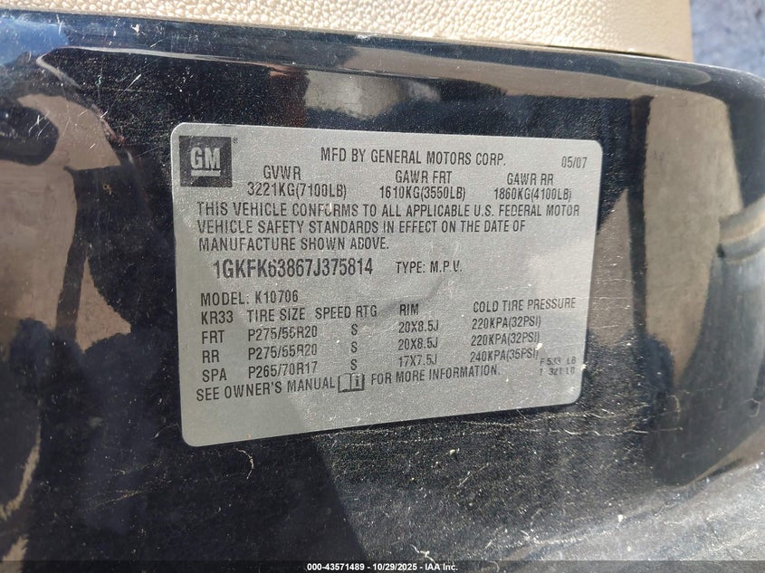 2007 GMC Yukon Denali VIN: 1GKFK63867J375814 Lot: 43571489