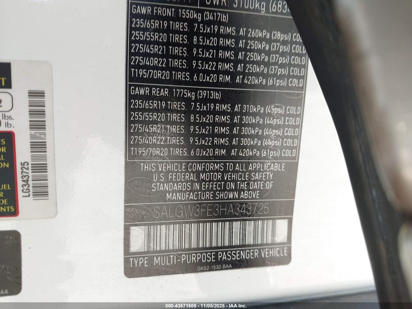 2017 Land Rover Range Rover 5.0L V8 Supercharged Sv Autobiography VIN: SALGW3FE3HA343725 Lot: 43571505