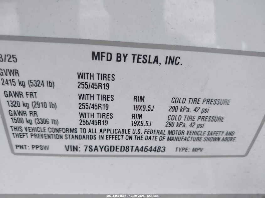 2026 Tesla Model Y Long Range Dual Motor All-Wheel Drive VIN: 7SAYGDED8TA464483 Lot: 43571507