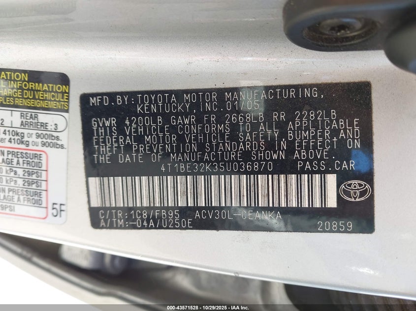 2005 Toyota Camry Le VIN: 4T1BE32K35U036870 Lot: 43571528