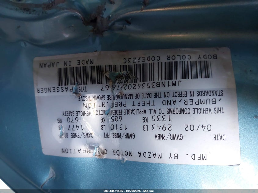 2002 Mazda Mx-5 Miata Cloth/Ls/Se VIN: JM1NB353420231667 Lot: 43571555