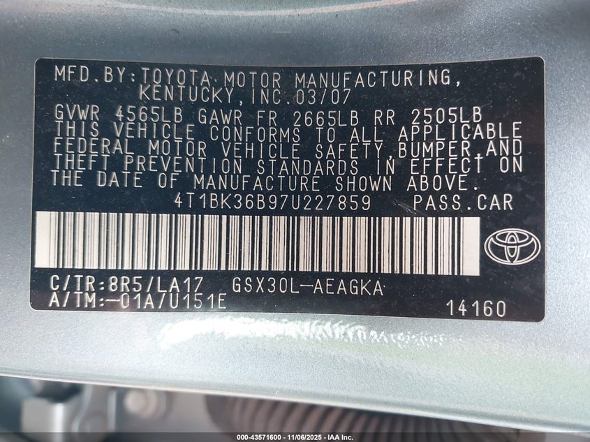 2007 Toyota Avalon Xls VIN: 4T1BK36B97U227859 Lot: 43571600