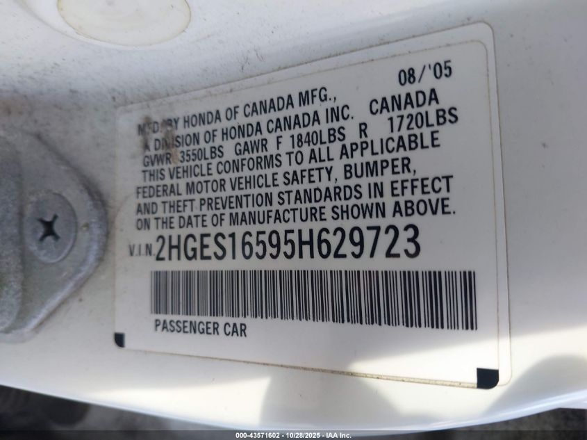 2005 Honda Civic Lx VIN: 2HGES16595H629723 Lot: 43571602