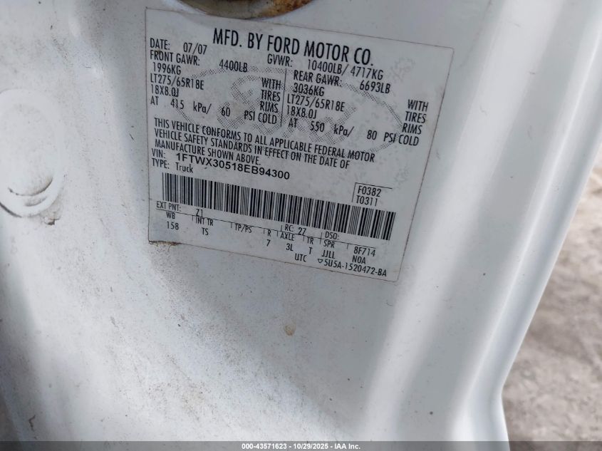 2008 Ford F-350 Lariat/Xl/Xlt VIN: 1FTWX30518EB94300 Lot: 43571623