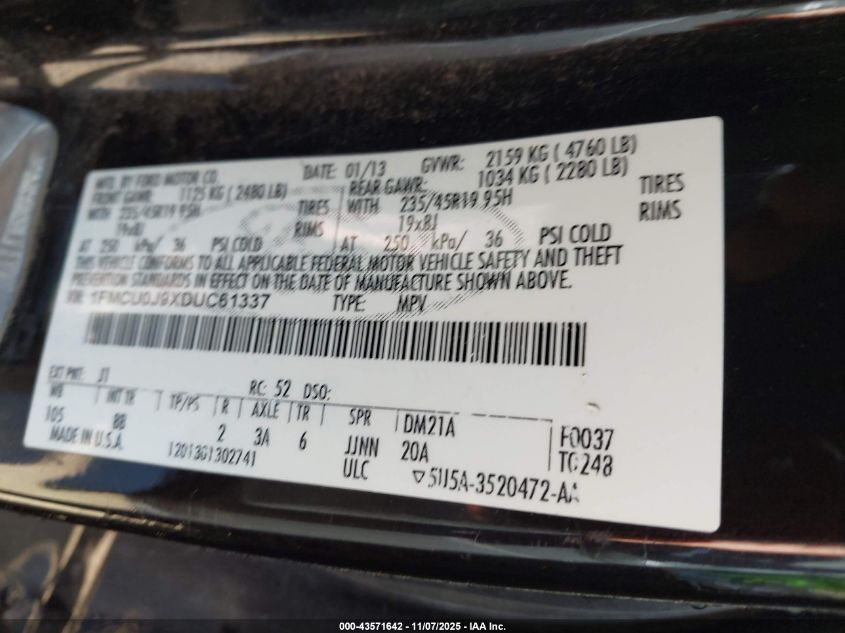 2013 Ford Escape Titanium VIN: 1FMCU0J9XDUC61337 Lot: 43571642