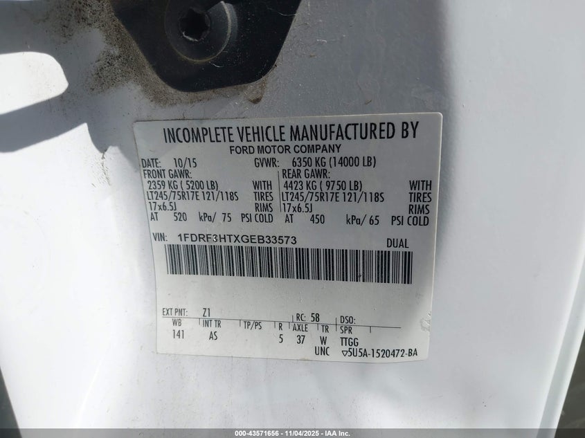 2016 Ford F-350 Chassis Xl VIN: 1FDRF3HTXGEB33573 Lot: 43571656