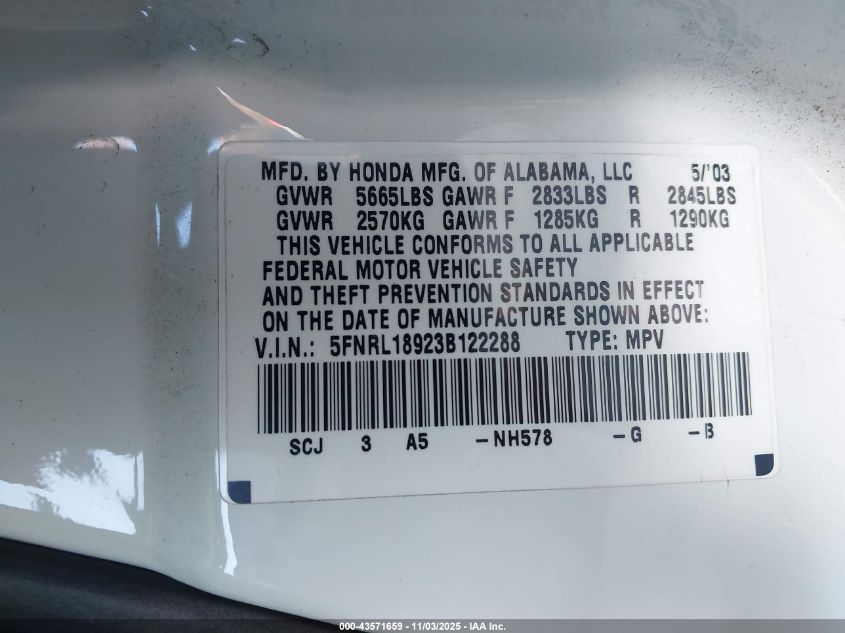 2003 Honda Odyssey Ex-L VIN: 5FNRL18923B122288 Lot: 43571659