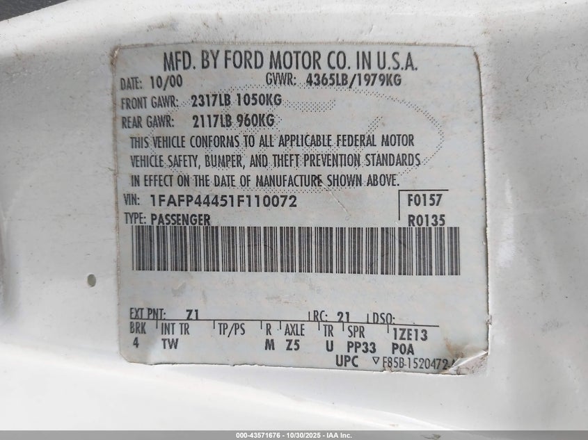 2001 Ford Mustang VIN: 1FAFP44451F110072 Lot: 43571676