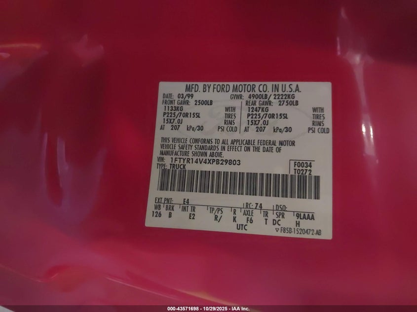 1999 Ford Ranger Xl/Xlt VIN: 1FTYR14V4XPB29803 Lot: 43571698