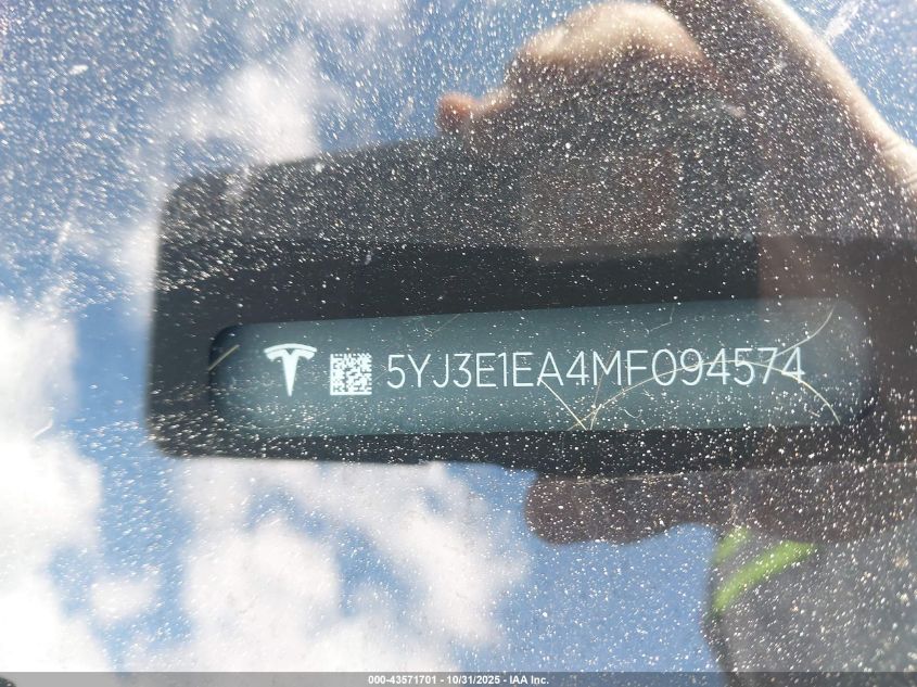2021 Tesla Model 3 Standard Range Plus Rear-Wheel Drive VIN: 5YJ3E1EA4MF094574 Lot: 43571701