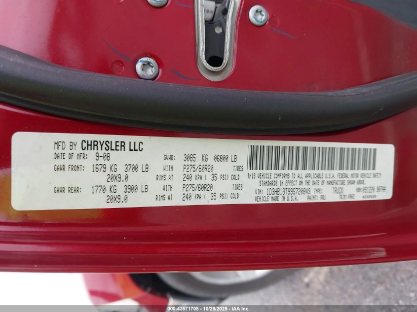 2009 Dodge Ram 1500 Slt/Sport/Trx VIN: 1D3HB13T99S720849 Lot: 43571708