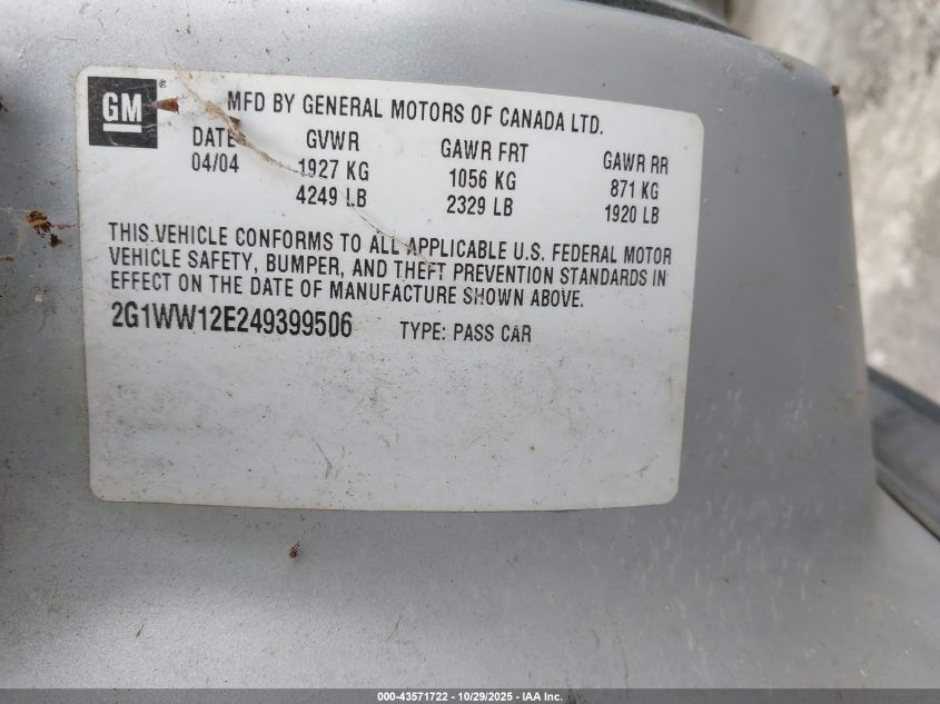 2004 Chevrolet Monte Carlo Ls VIN: 2G1WW12E249399506 Lot: 43571722