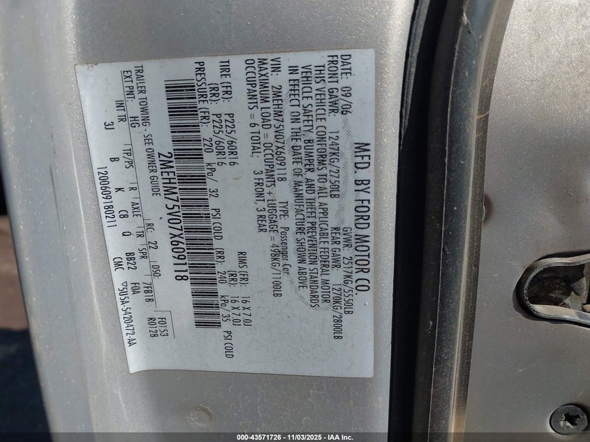 2007 Mercury Grand Marquis Ls VIN: 2MEHM75V07X609118 Lot: 43571726