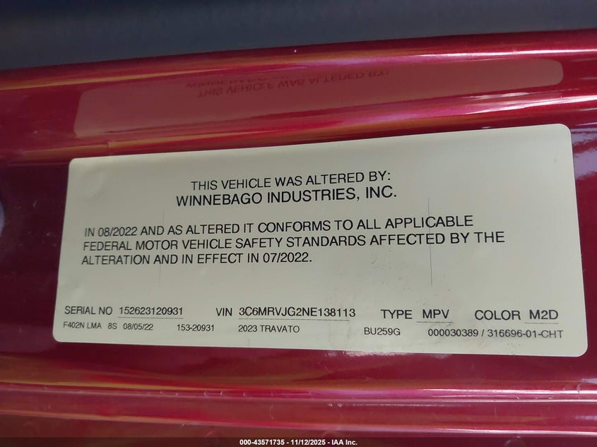 2023 Winnebago Travato 59G VIN: 3C6MRVJG2NE138113 Lot: 43571735