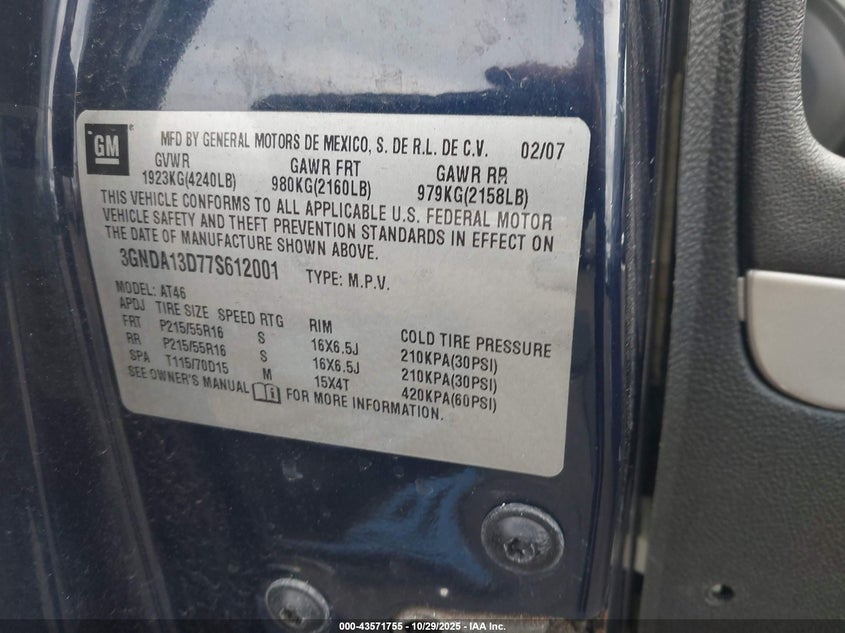 2007 Chevrolet Hhr Ls VIN: 3GNDA13D77S612001 Lot: 43571755