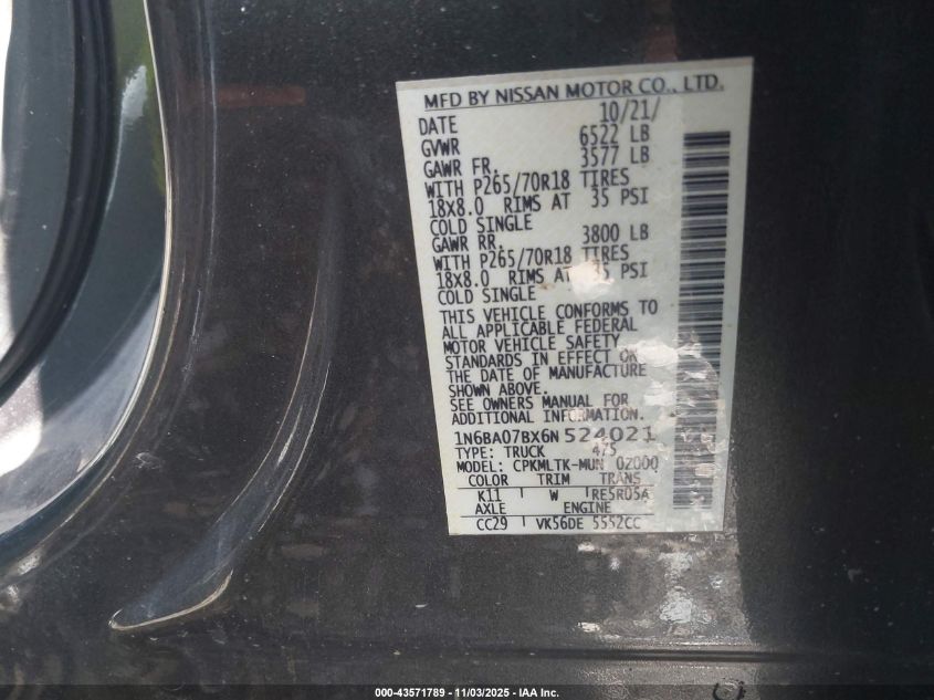 2006 Nissan Titan Se VIN: 1N6BA07BX6N524021 Lot: 43571789